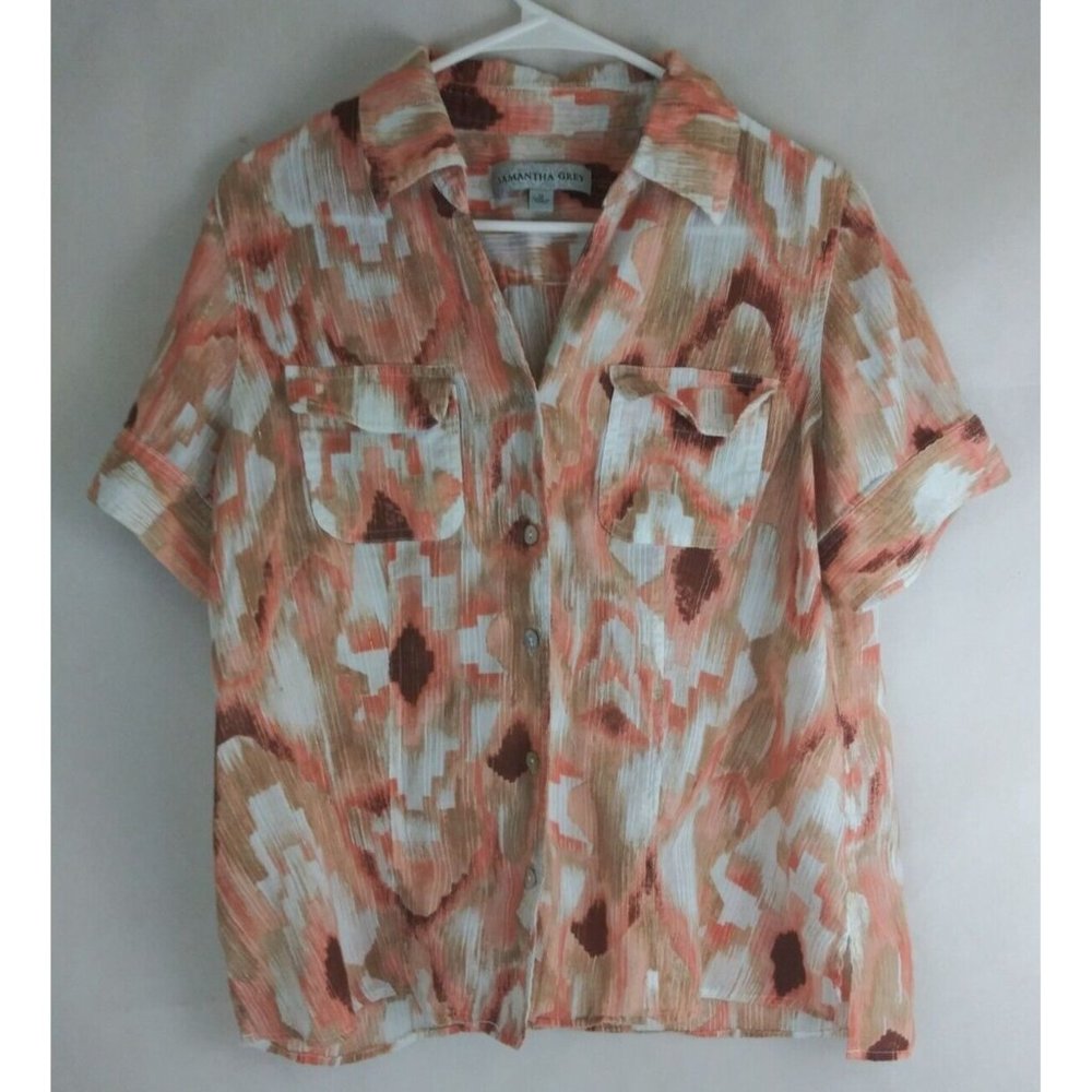 Samantha Grey Women's Abstract Metallic Button-Up Shirt Size 12